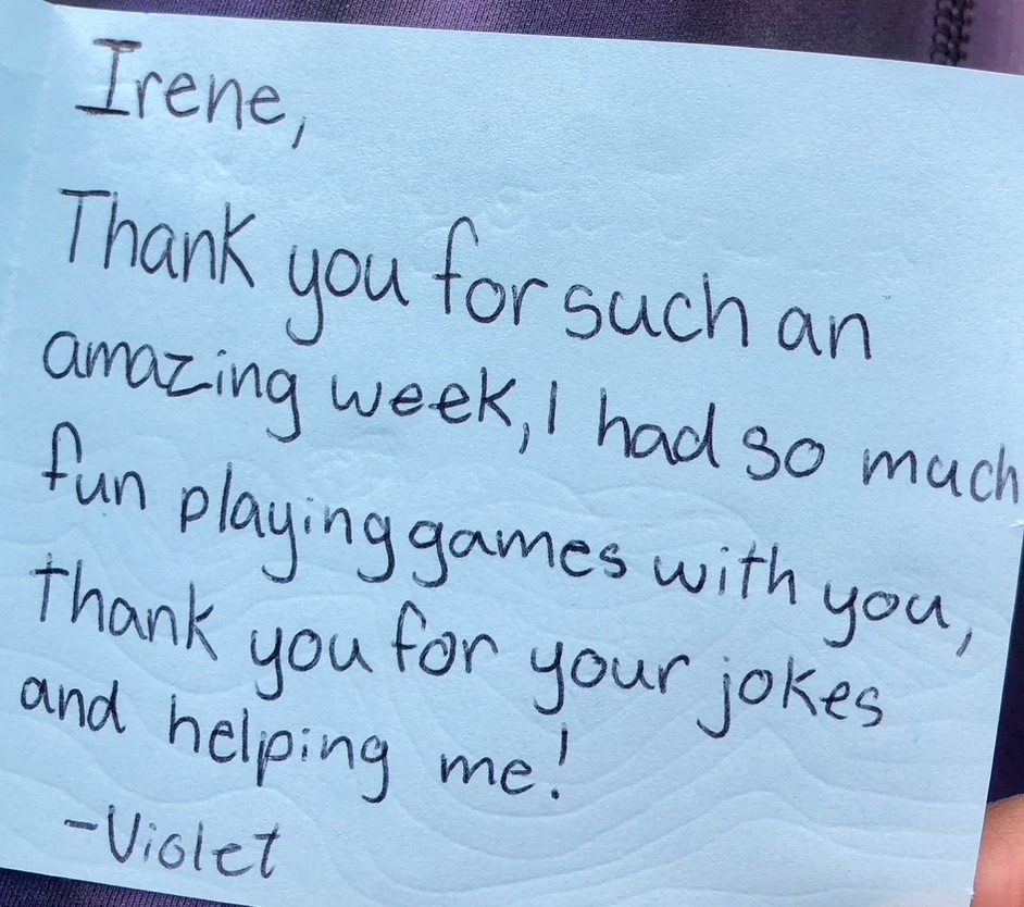 Handwritten thank-you note from a camper
