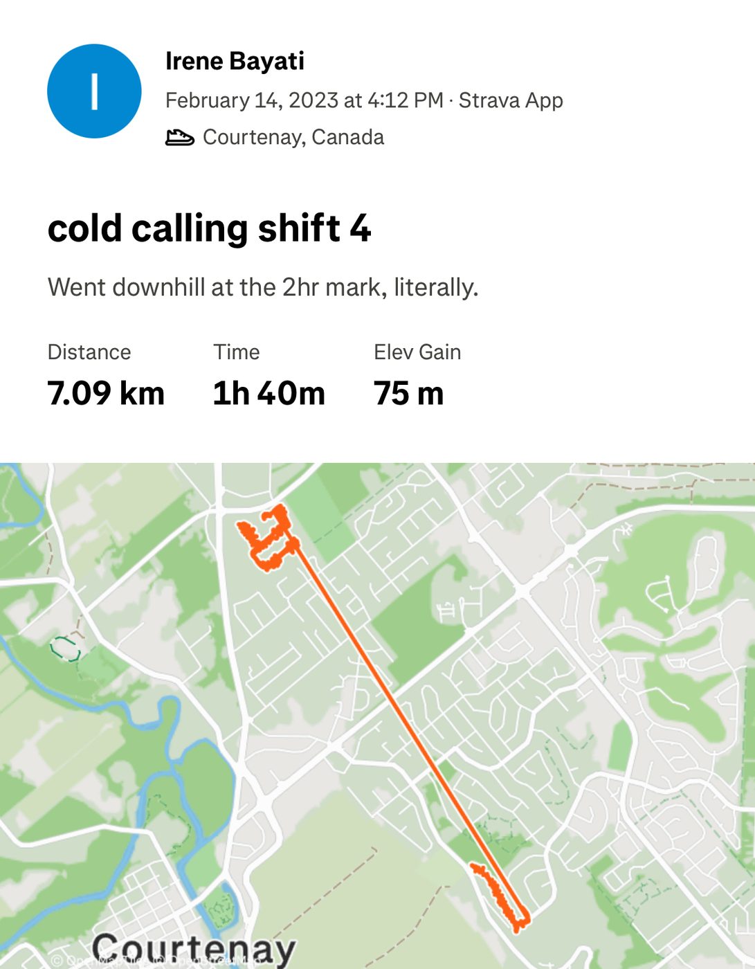 Strava activity titled cold calling shift 4